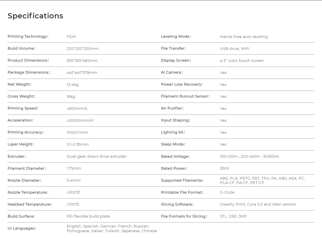 Creality K1C 3D Printer Specs