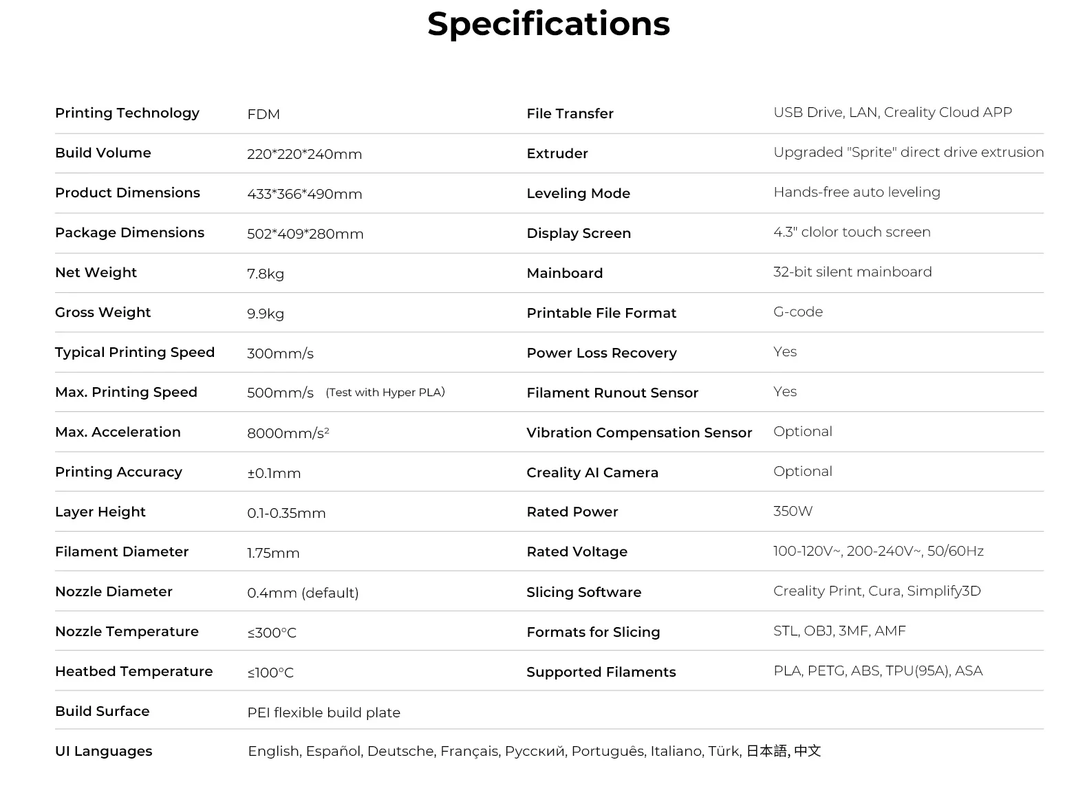 Creality Ender 3 V3 KE 3D Printer Specs