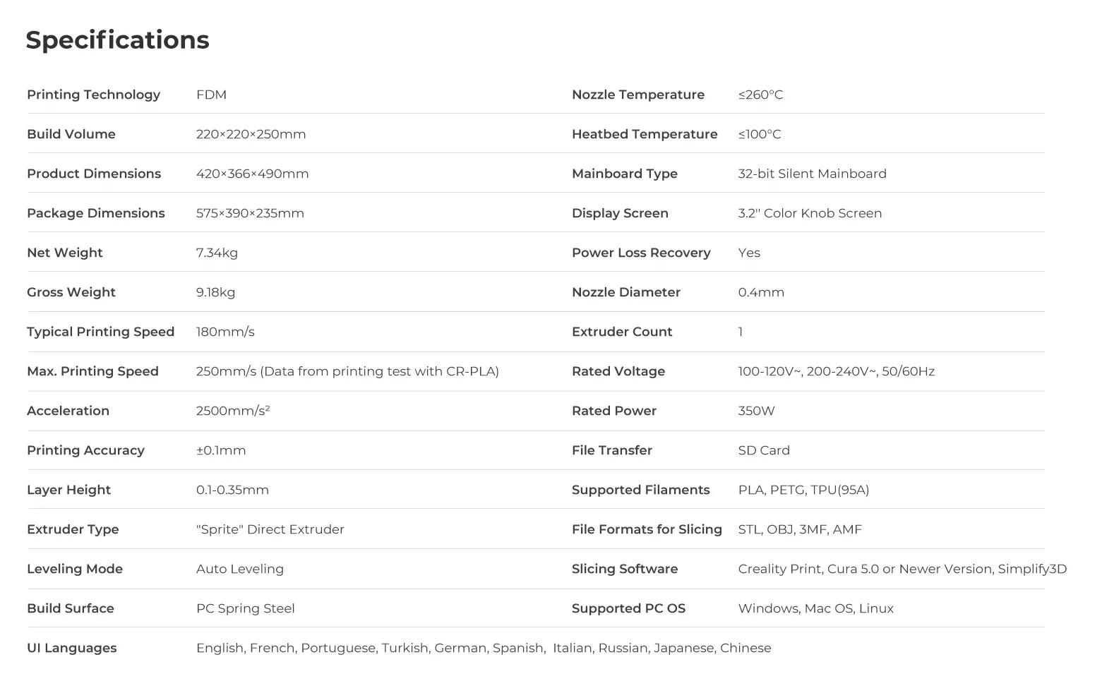 Creality Ender 3 V3 SE 3D Printer Specs